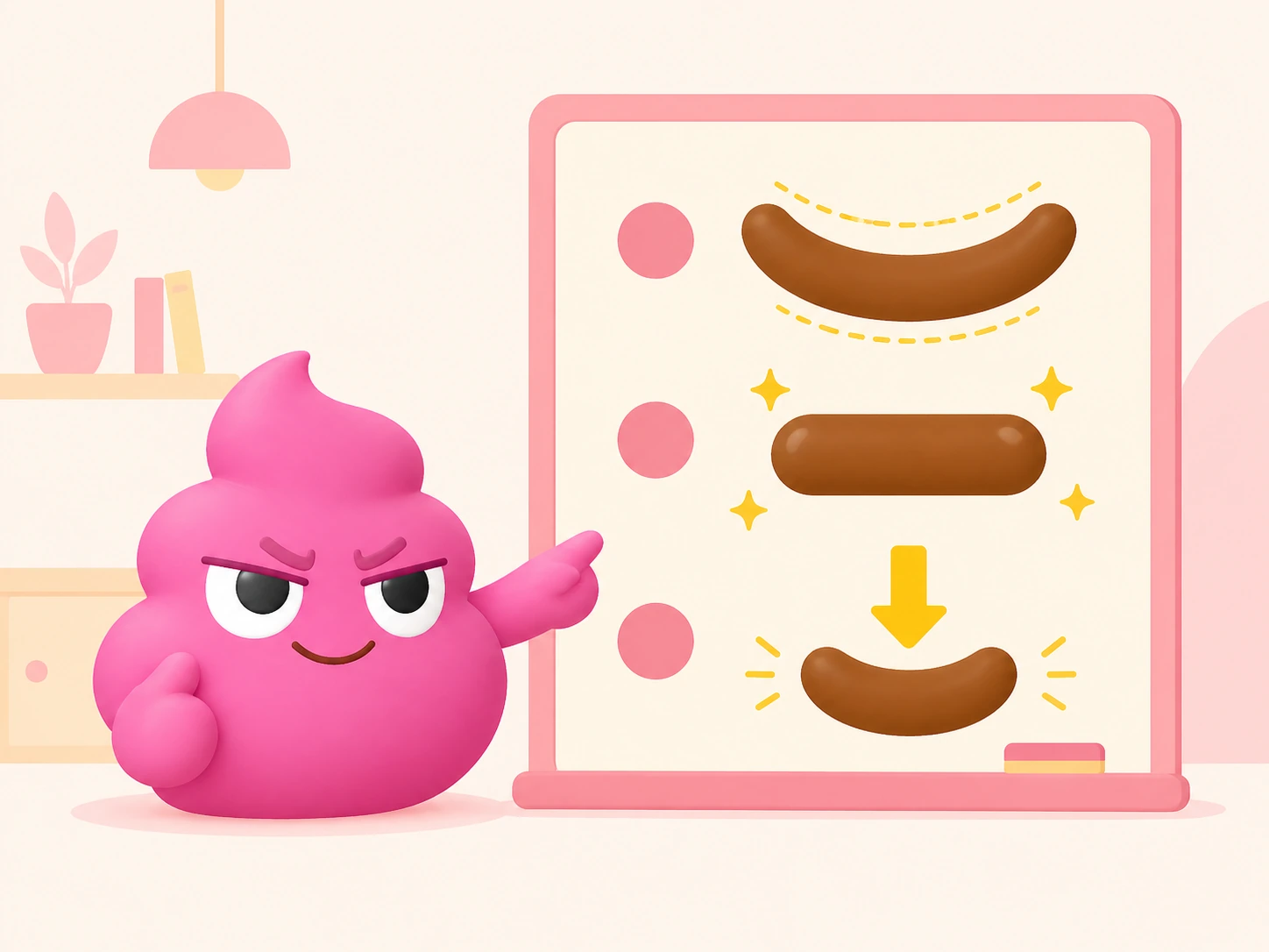 Unchikun pointing to a board showing three checkpoints of an ideal stool: banana shape, smooth surface, easy release