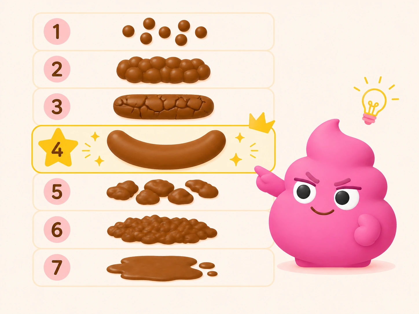 Bristol Stool Scale chart with all 7 types from hard pellets to liquid, with Type 4 banana-shape highlighted as the ideal with a crown and sparkles
