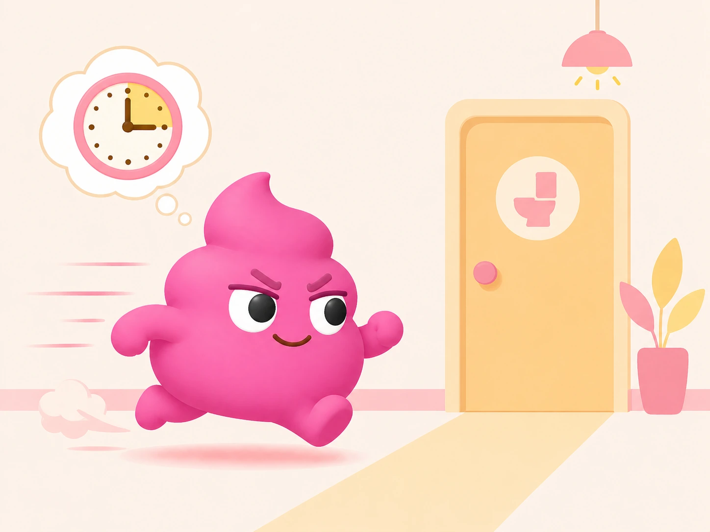 Unchikun running toward a bathroom within three minutes of feeling the urge, with a clock thought-bubble overhead