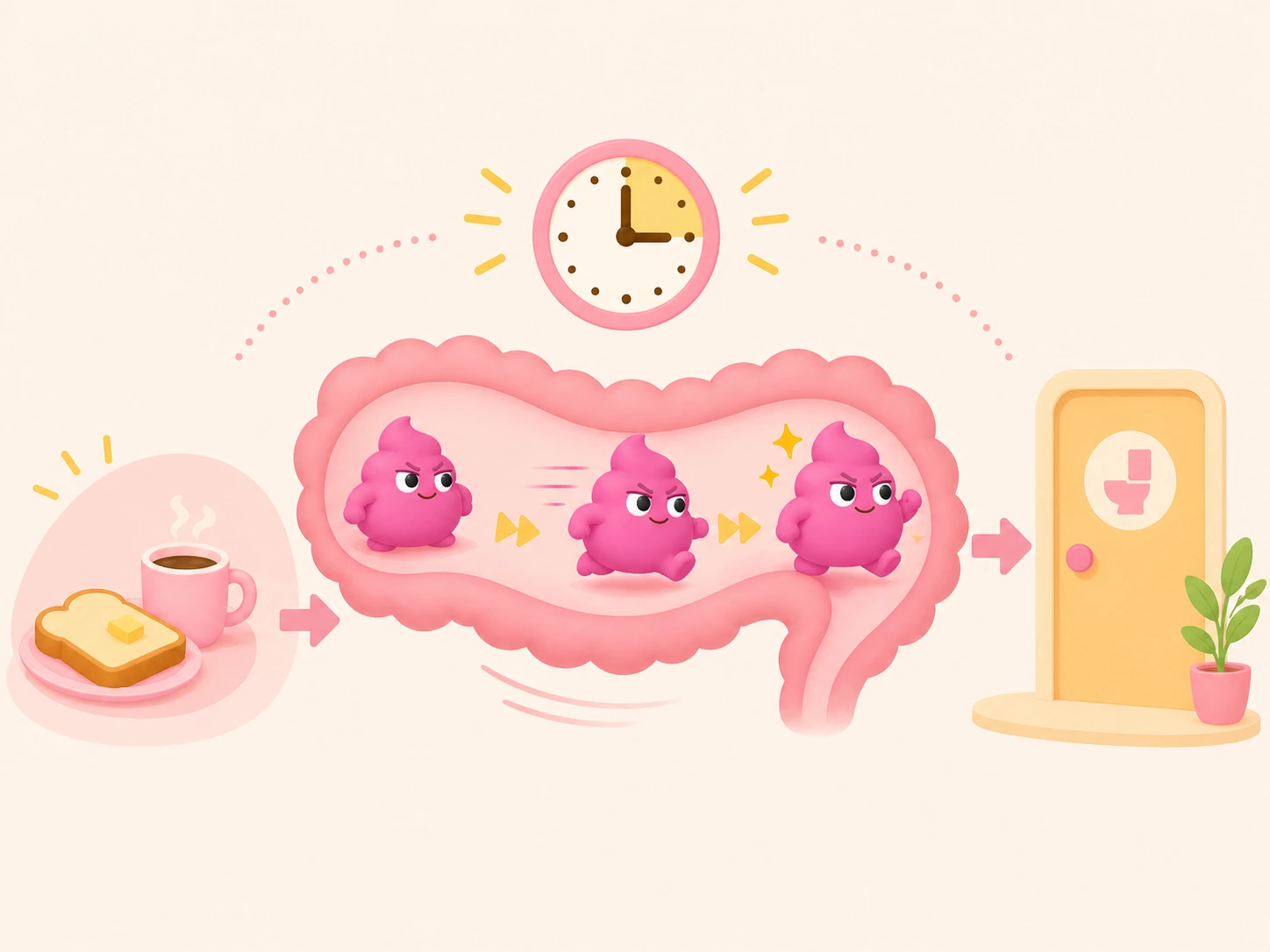 A friendly diagram of the gastrocolic reflex pathway, showing a breakfast plate on the left, the colon as a curving tube in the middle with unchikun moving along it, and a small bathroom door on the right
