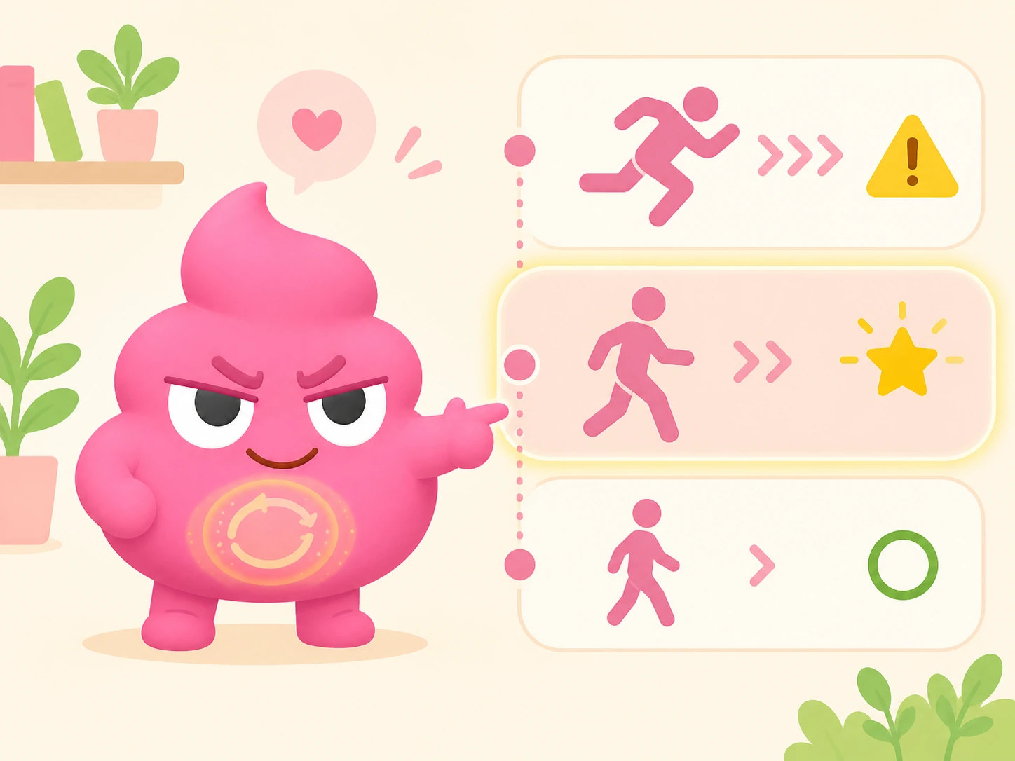 A three-level intensity chart for exercise: light, moderate (brisk walk / jog, highlighted as the sweet spot), and intense — showing moderate as the best for the gut