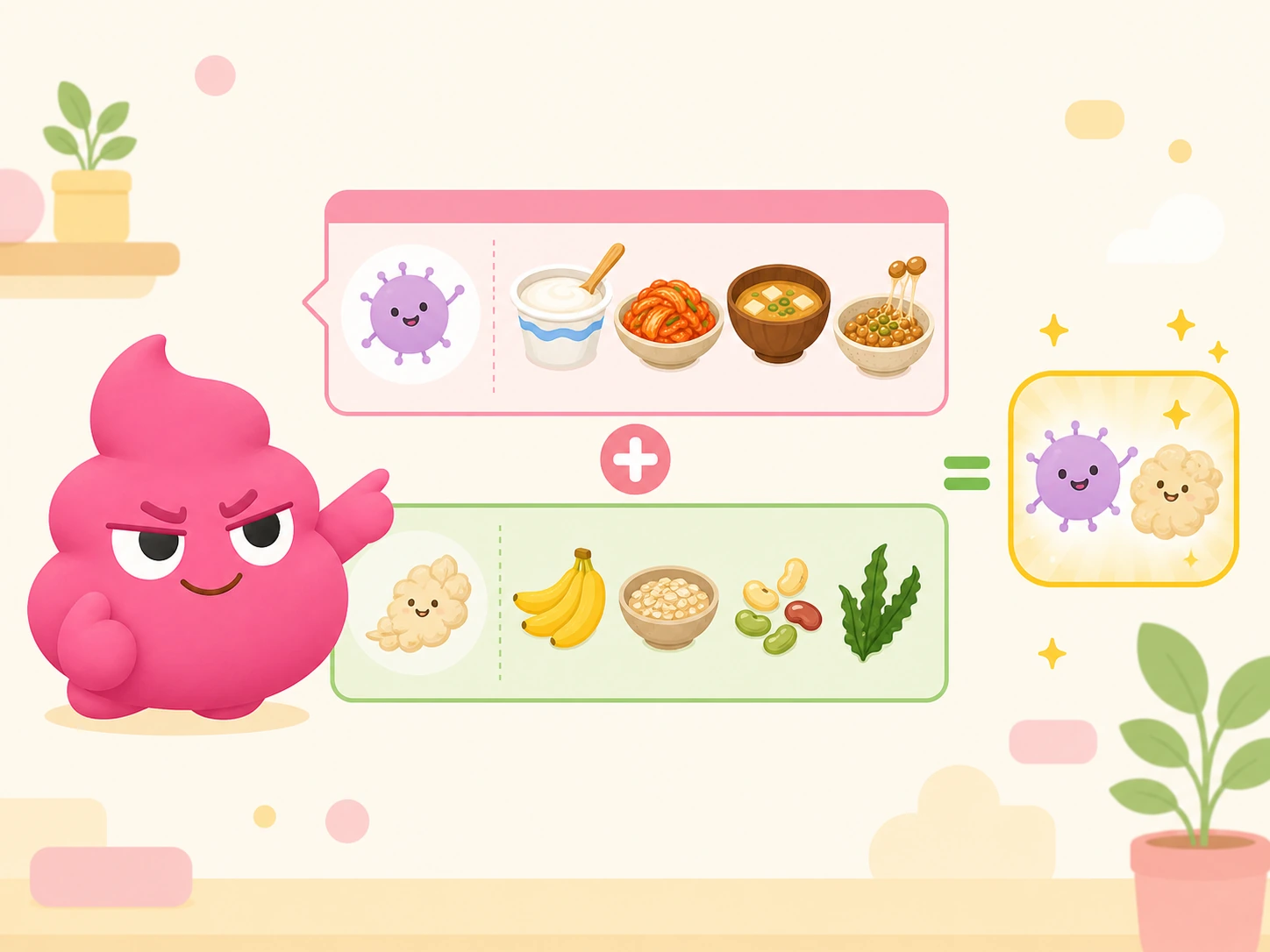 A two-row chart comparing PROBIOTICS (yogurt, kimchi, miso, natto) and PREBIOTICS (bananas, oats, beans, seaweed), combining into SYNBIOTICS on the right with sparkles