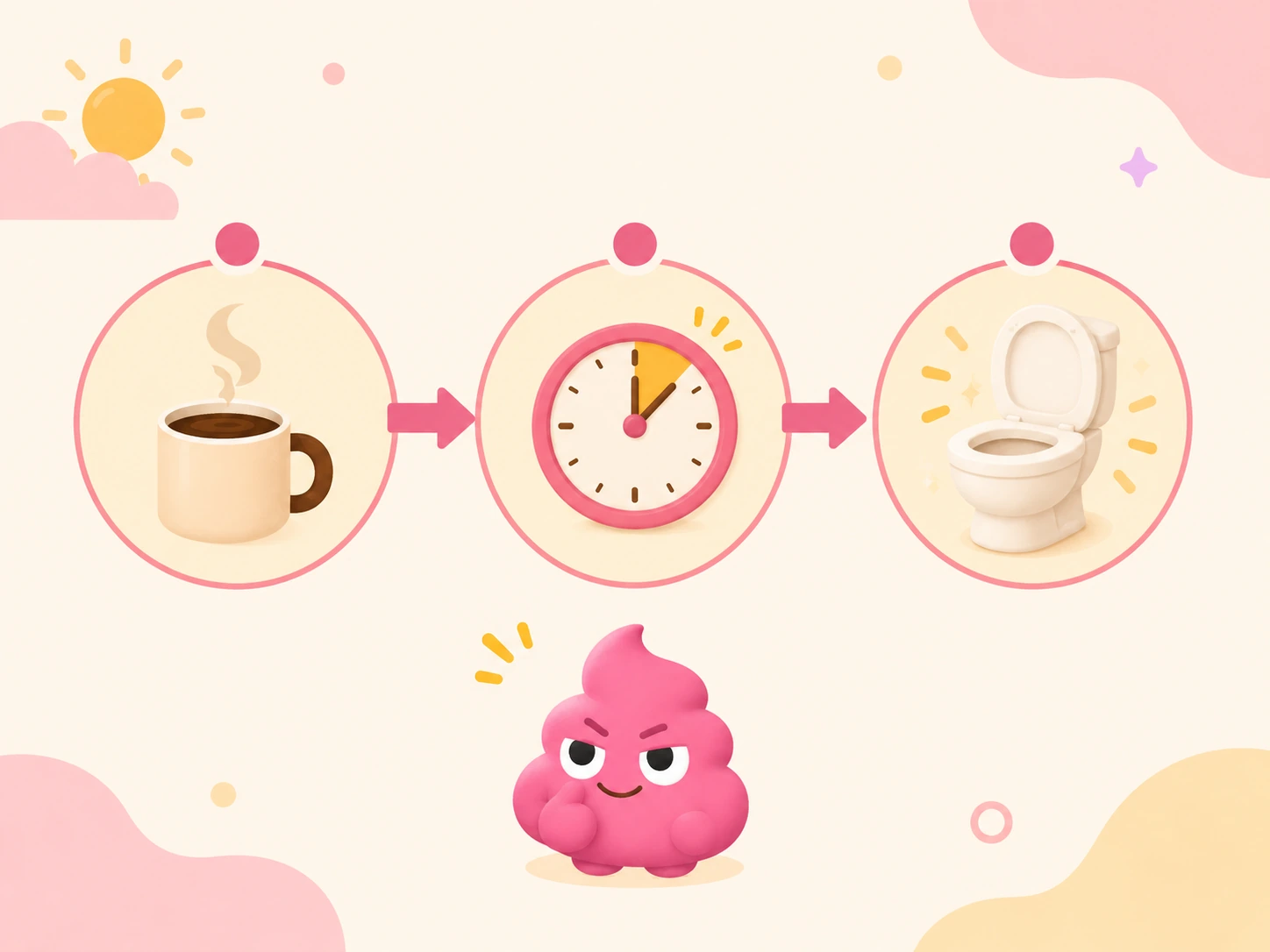 朝のコーヒー→15〜30分待つ→トイレへ。3ステップの朝のリズム図解