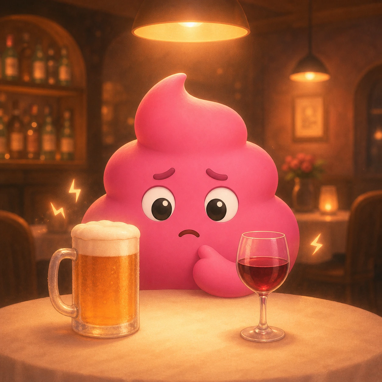 Unchikun standing at a softly lit pub table with a beer mug and a wine glass, looking concerned