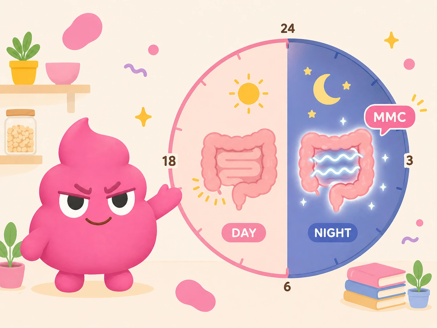 A 24-hour clock chart split into a daytime half (DAY, soft pink, sun icon, gut on background-mode) and a nighttime half (NIGHT, soft blue, moon icon, glowing MMC wave pattern showing the gut cleaning shift)