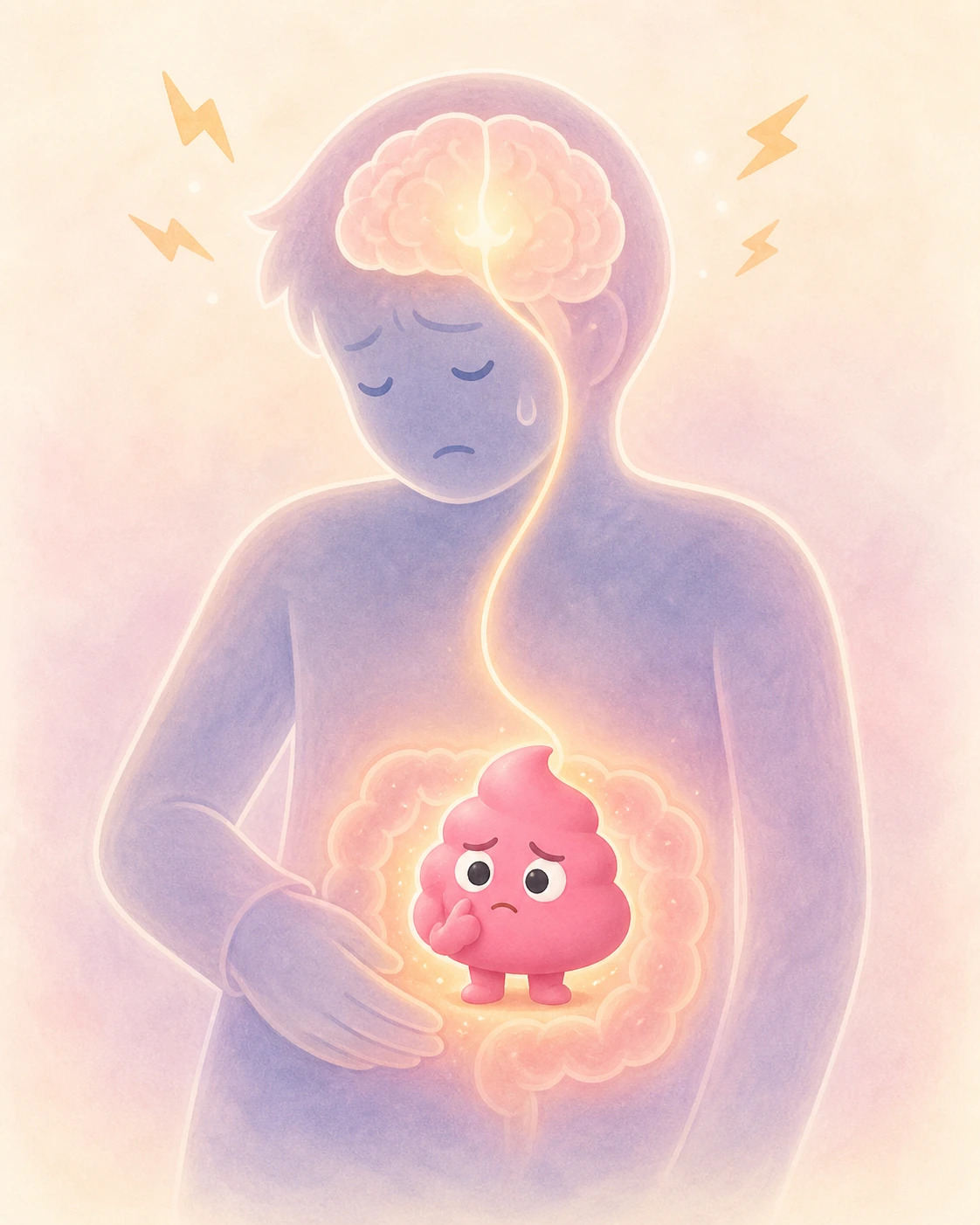 Unchikun standing inside a tense person silhouette with a glowing nerve line connecting brain and gut, illustrating the brain-gut connection