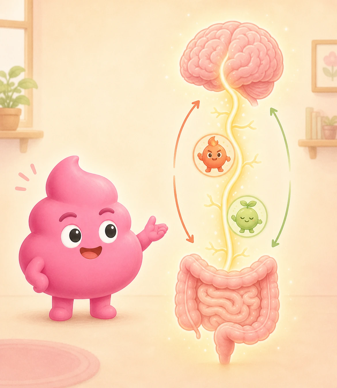 Diagram of the gut-brain axis. The vagus nerve runs from the brain down to the gut, with sympathetic (red) and parasympathetic (green) branches sending bidirectional signals