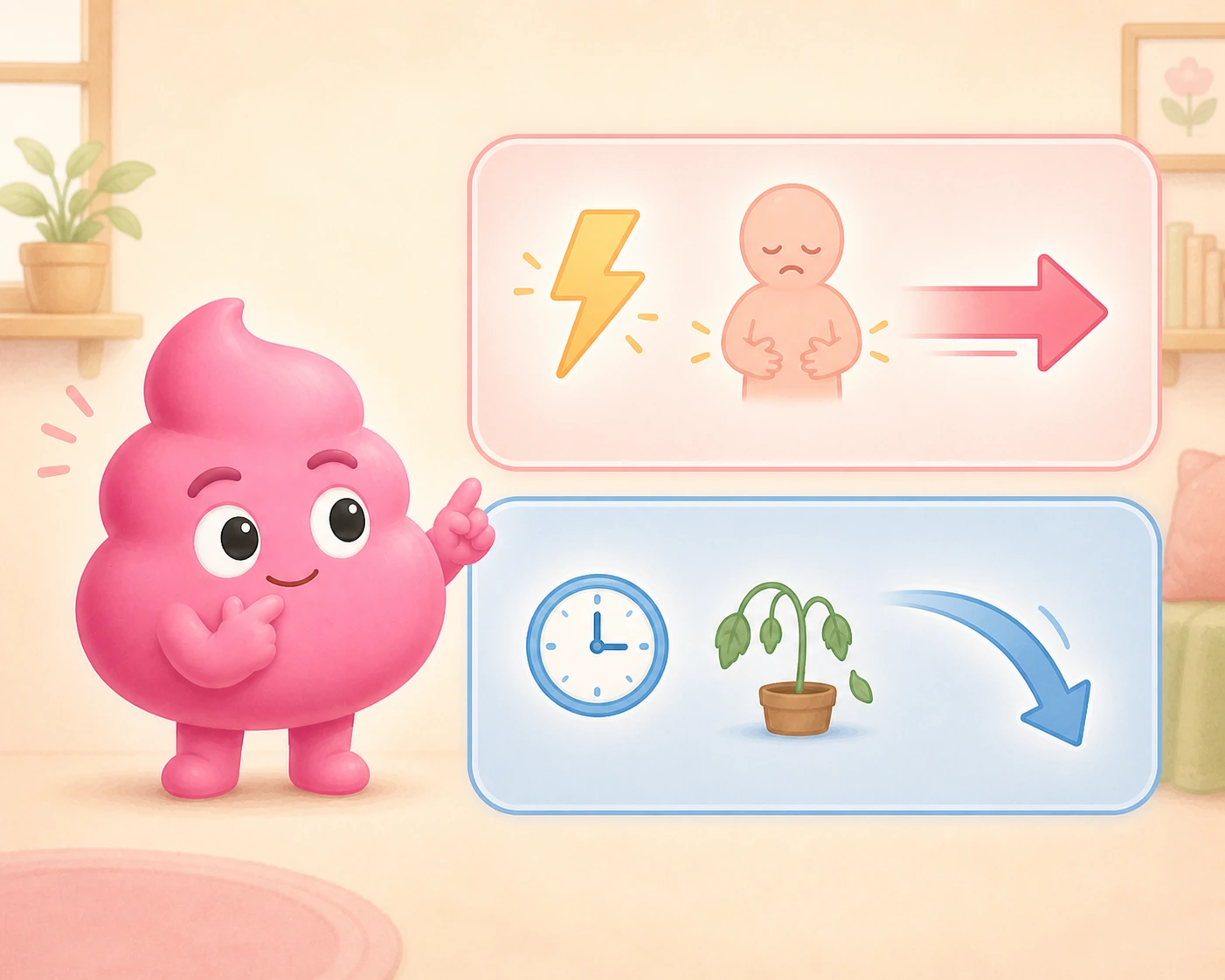 A two-row comparison chart showing how acute and chronic stress affect the gut. Acute stress causes sudden constipation or diarrhea. Chronic stress causes ongoing imbalance and a mood-gut feedback loop