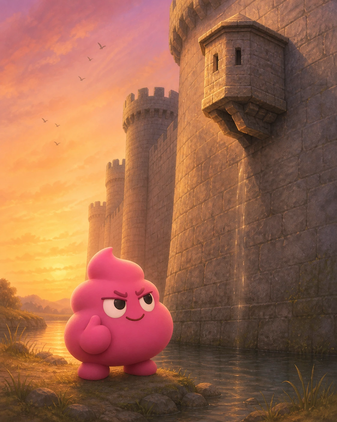 Unchikun standing beside a medieval castle wall with a garderobe stone projection, dusk lighting