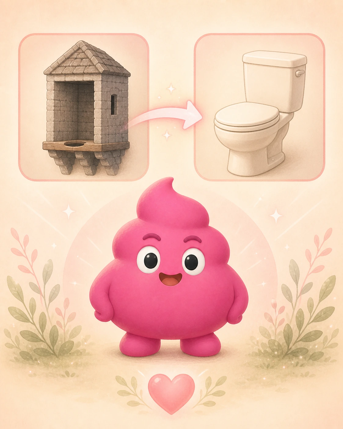 Two-panel comparison: a medieval garderobe stone projection on the left, a clean modern flush toilet on the right, with an arrow flowing from past to present and a small heart at unchikun's feet