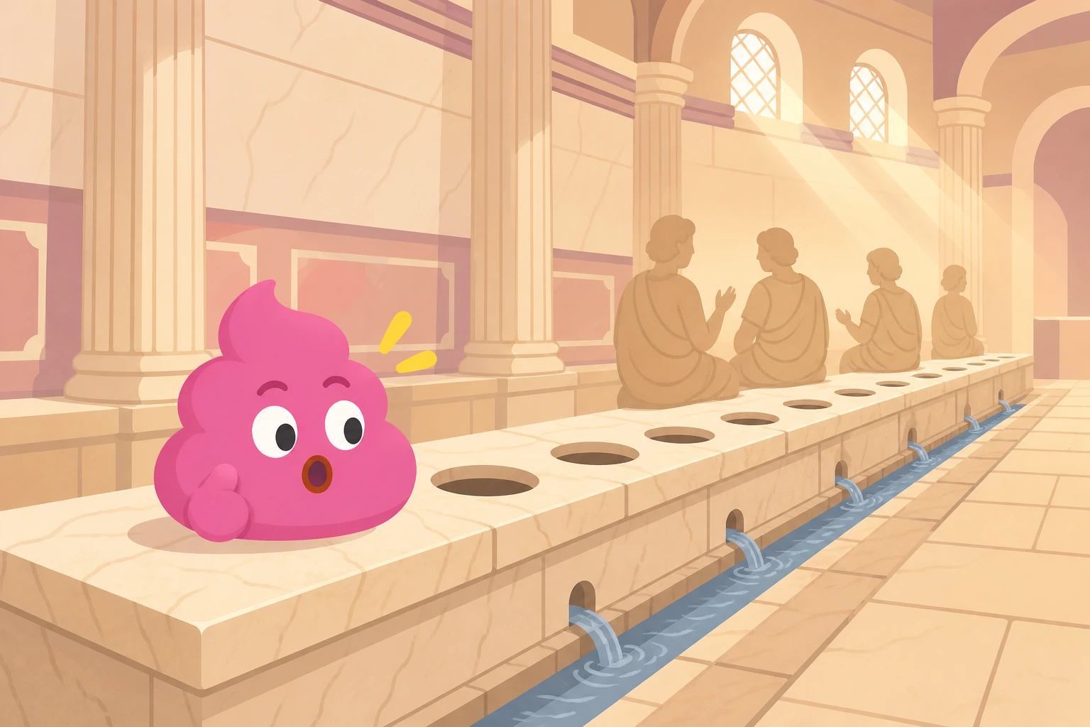 Unchikun standing on a marble bench inside an ancient Roman public toilet (forica), looking at a long row of round holes