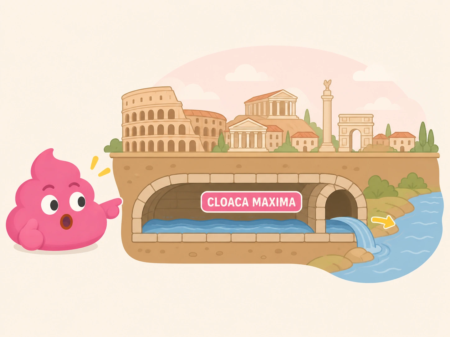 A cross-section illustration of the Cloaca Maxima — Roman city silhouettes above ground, a large underground vaulted sewer tunnel below, and water flowing out to the Tiber River