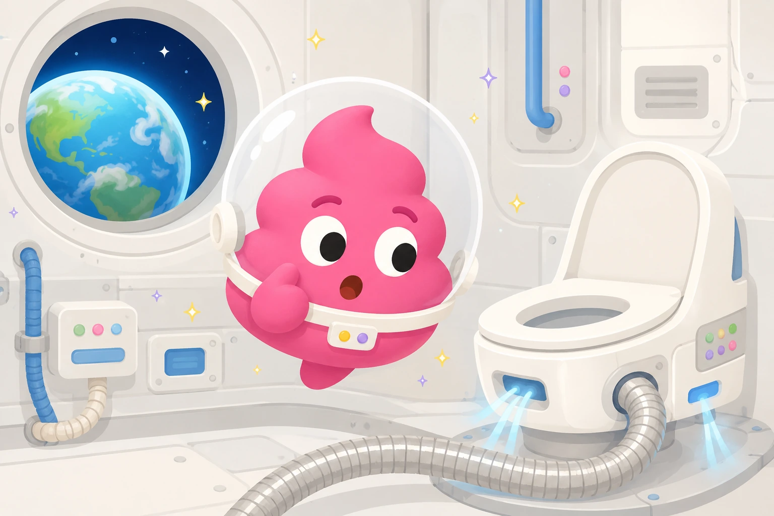 国際宇宙ステーションの船内で、無重力に浮かぶトイレと宇宙服姿のうんちくんが向き合うイラスト