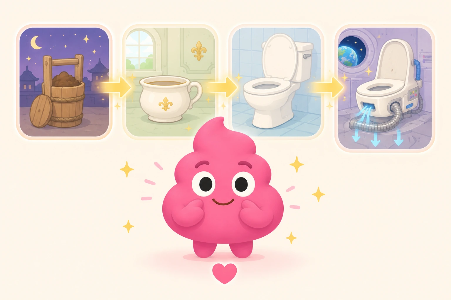 江戸の肥溜め、近世のおまる、現代の水洗トイレ、未来の宇宙トイレを4段階で並べた進化のタイムライン図