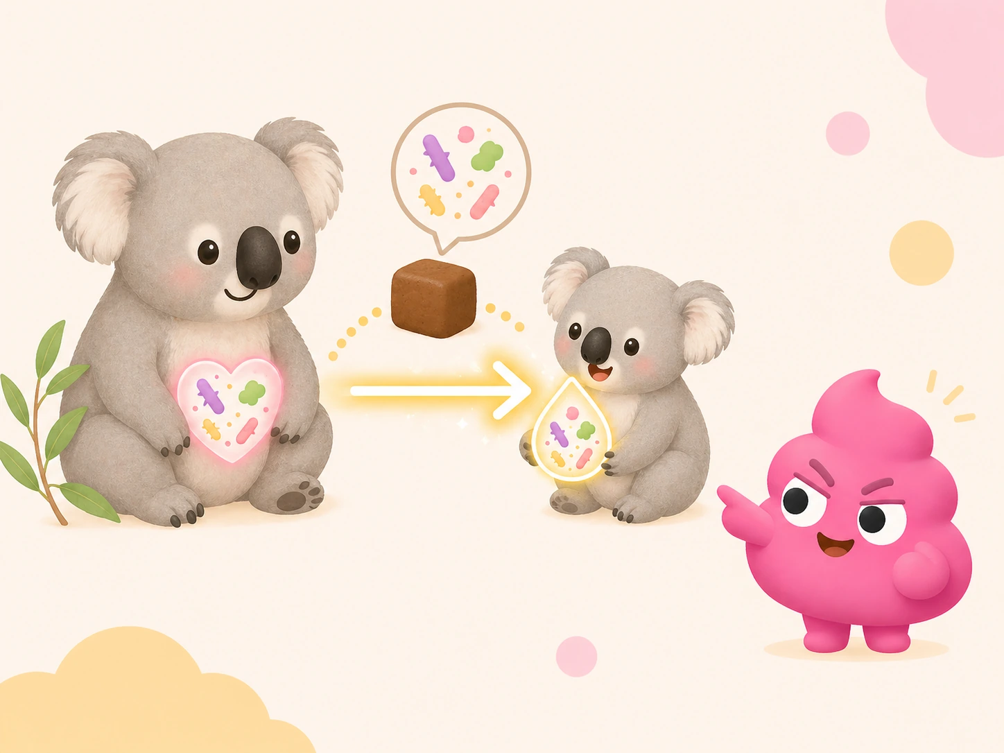 A friendly diagram showing microbial inheritance from a mother koala to her baby — a glowing heart icon on the mother's belly, an arrow carrying a small bacterial seed, and the baby receiving the seed