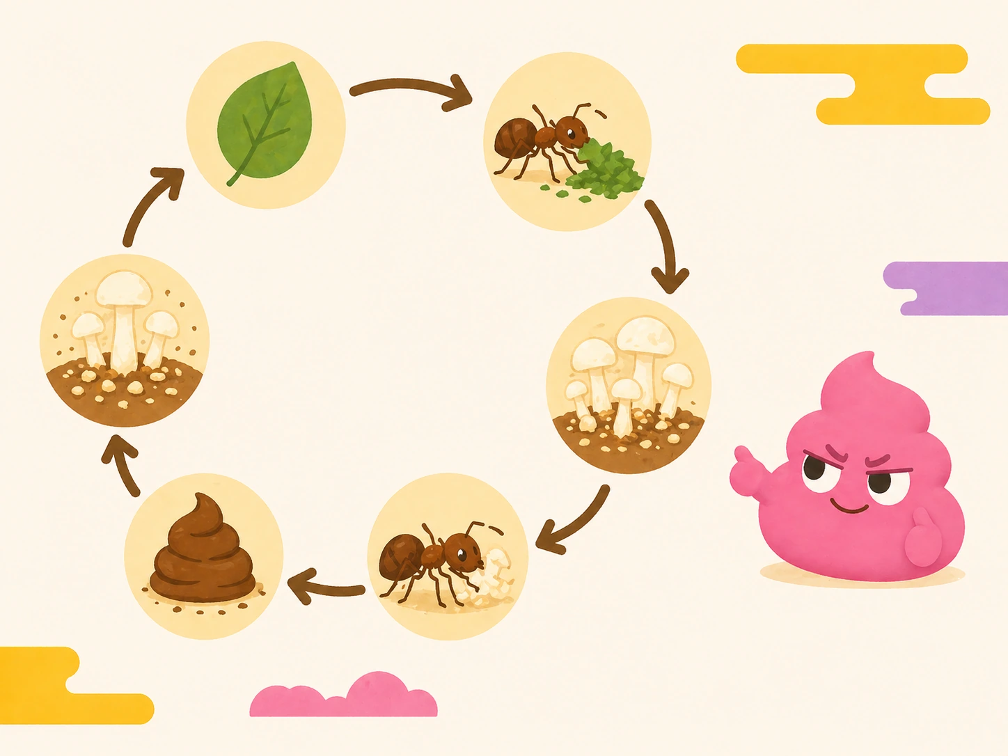 A friendly circular flow diagram of the leafcutter ant farming cycle: leaf, ant chews, fungus grows, ant eats fungus, poop, fungus fertilization, looping back to fungus