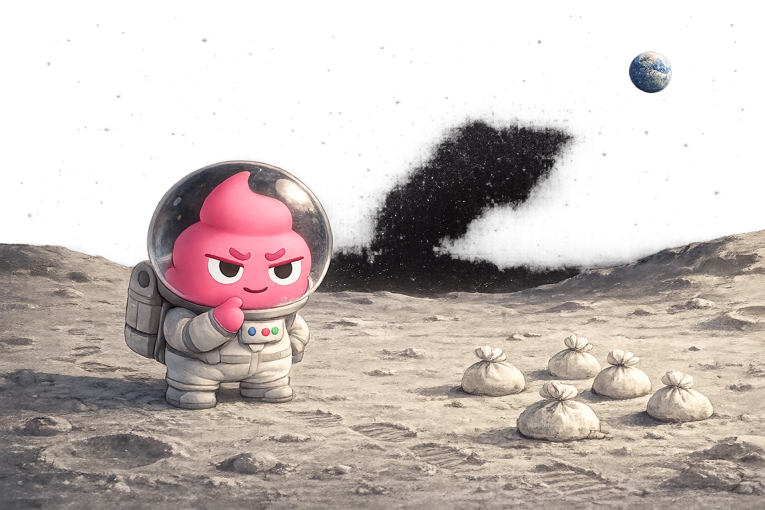 A cute illustrated unchikun in a soft astronaut suit looking quietly at small white bags scattered on the silver lunar surface