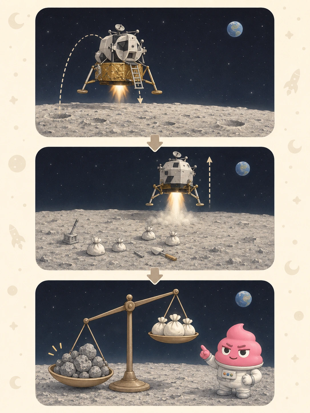 A 3-stage diagram showing the Apollo lunar mission: descent, ascent leaving bags behind, and a balance scale weighing moon rocks against jettison bags