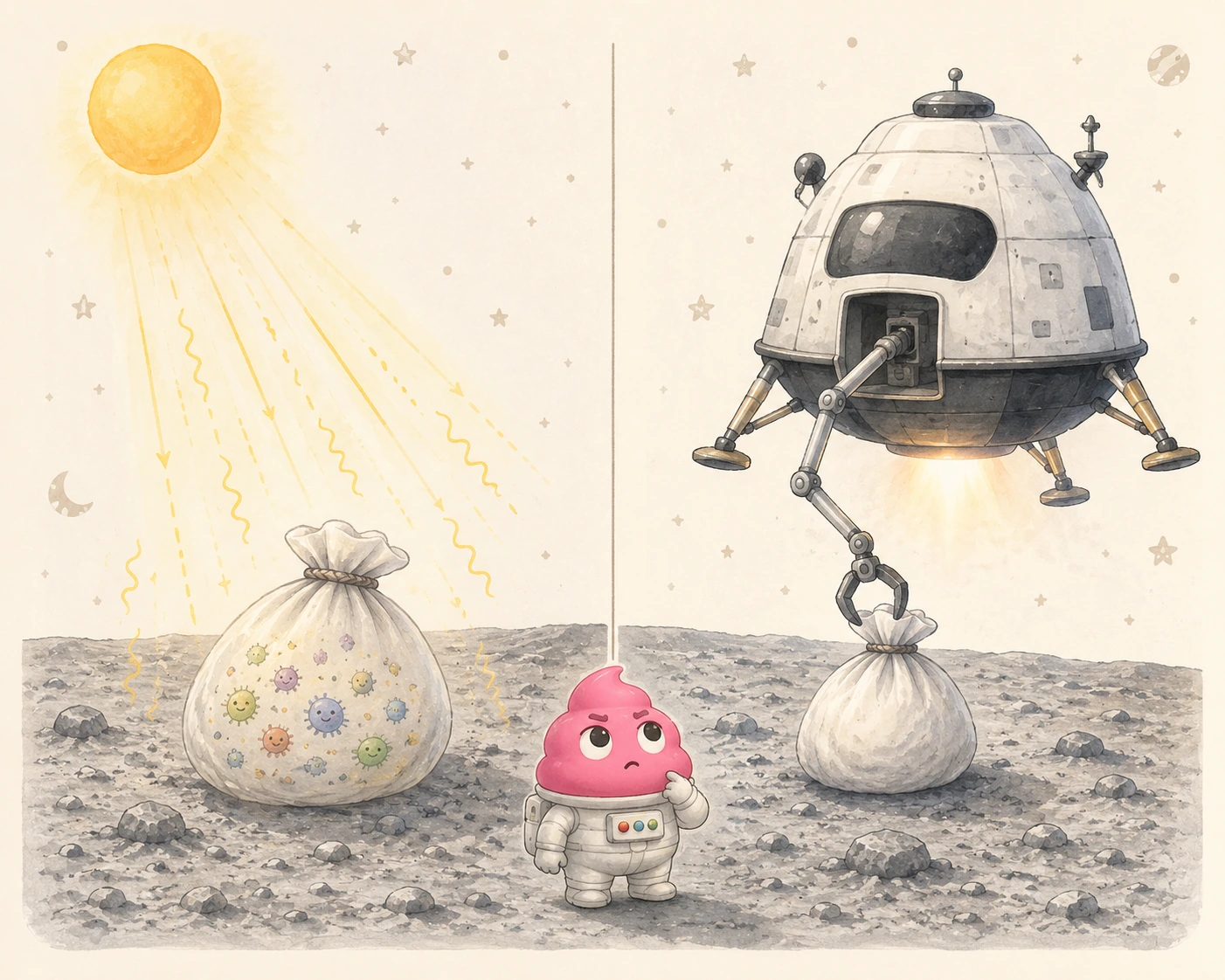 A comparison illustration: a white bag bathed in sun and radiation on the left, an Artemis-style spacecraft reaching with a collection arm on the right
