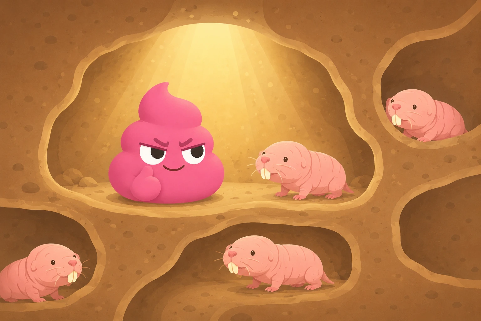 Unchikun observing a group of friendly cartoon naked mole rats inside an underground tunnel network