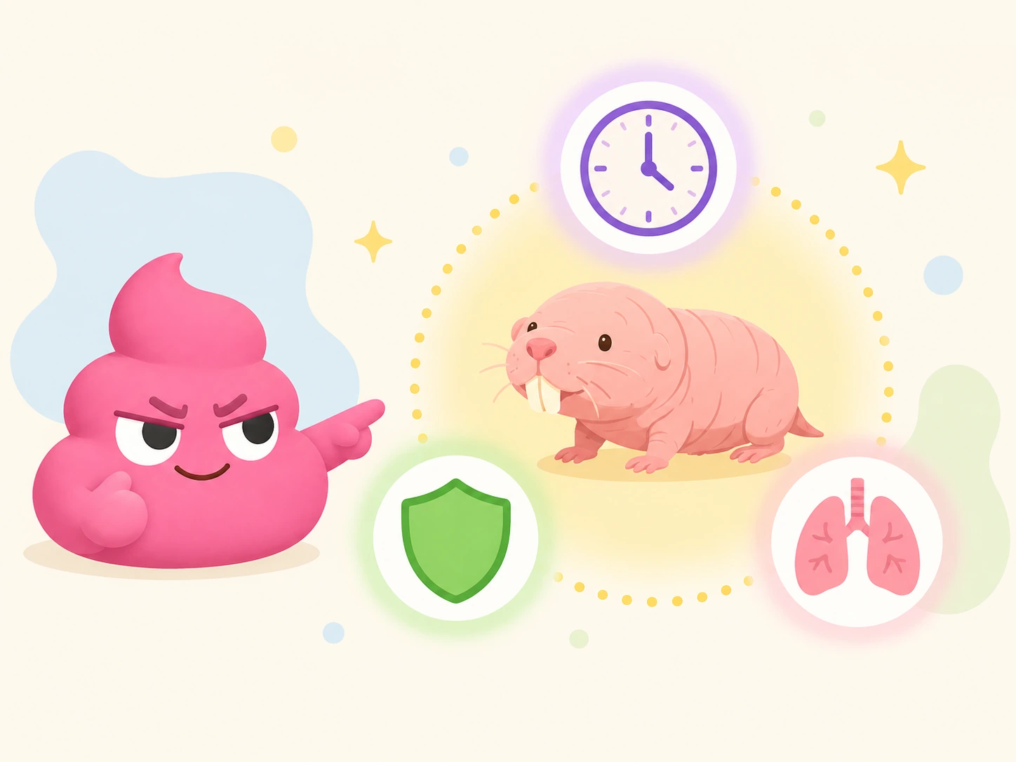 Three superpowers of the naked mole rat (long lifespan, cancer resistance, low-oxygen survival) shown as icon badges around a central illustration