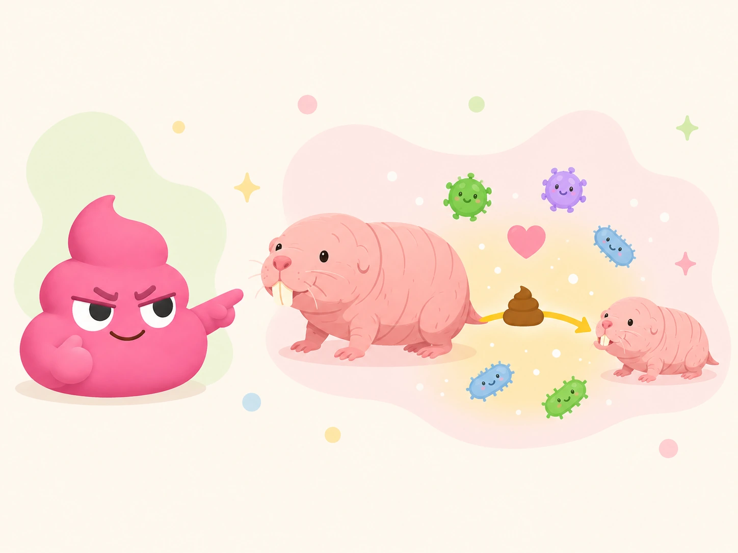 Illustration showing how a naked mole rat mother passes gut bacteria and hormones to her pup through poop, with friendly bacteria icons floating along the transfer arrow
