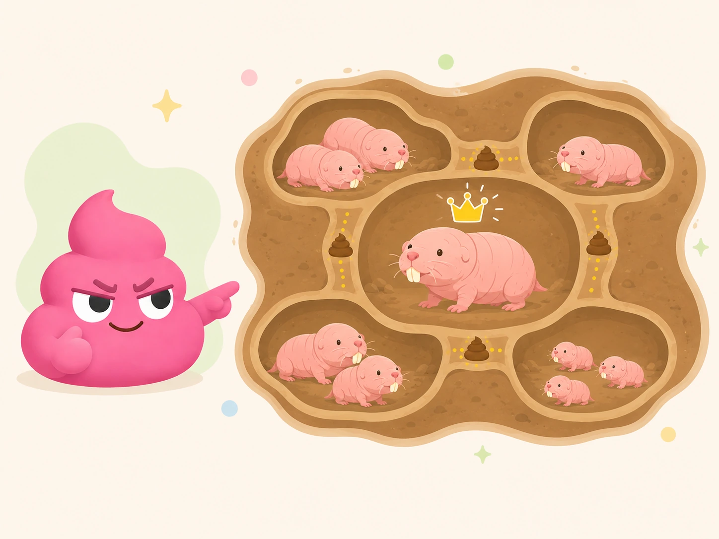 Cross-section diagram of a naked mole rat colony showing the queen's chamber (with a crown icon), worker chambers, baby chamber, and poop scent trails connecting passages