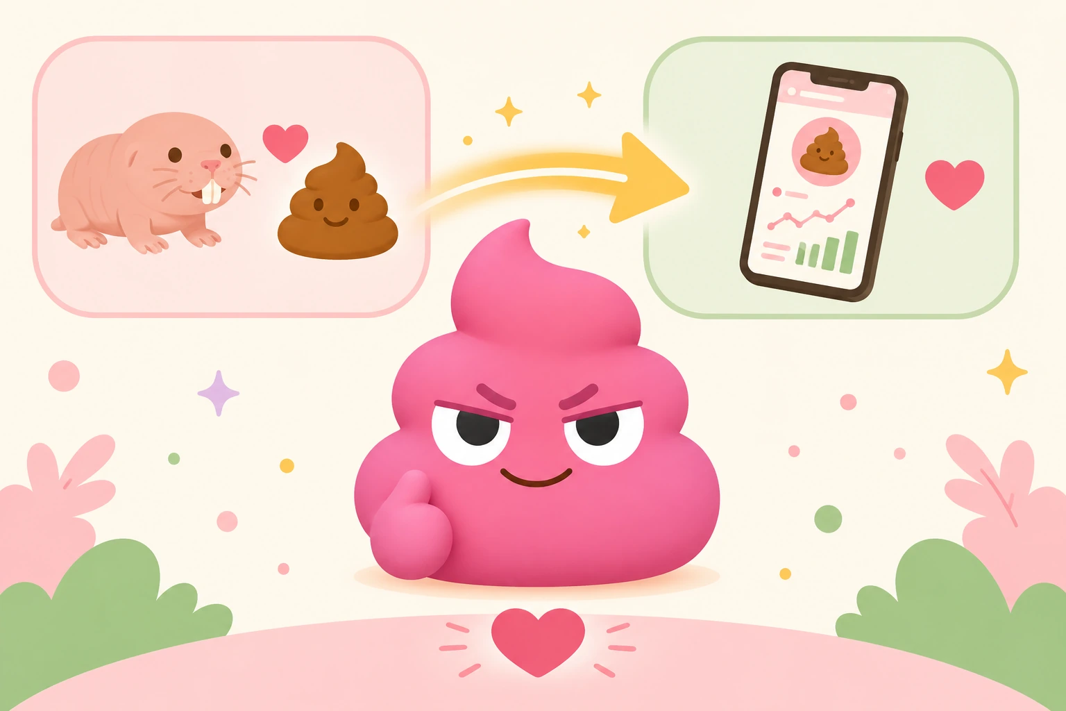 Comparison panel: naked mole rat colony communicating through poop on the left, a human checking a poop tracking app on a smartphone on the right