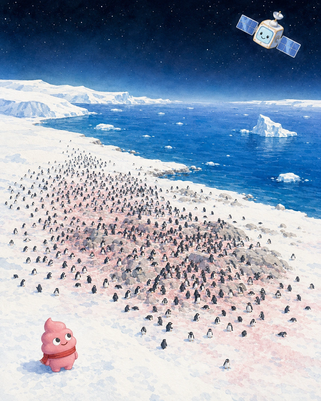 雪と氷の南極の海岸線に並ぶ無数のアデリーペンギン、その足元にうっすらピンク色のシミが広がる風景を、白い雪原の上の遠い空から見下ろした構図のイラスト