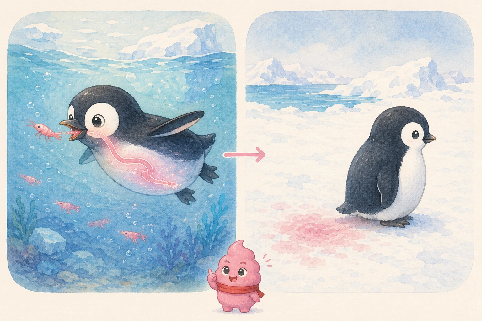 オキアミを食べたペンギンが雪原にピンク色のうんちを残すメカニズムの比較イラスト