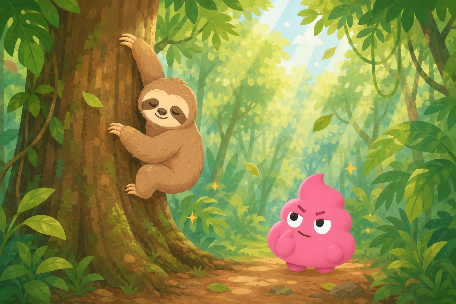 木の幹をゆっくり降りるナマケモノと、地面で待つうんちくんを描いた熱帯雨林のイラスト