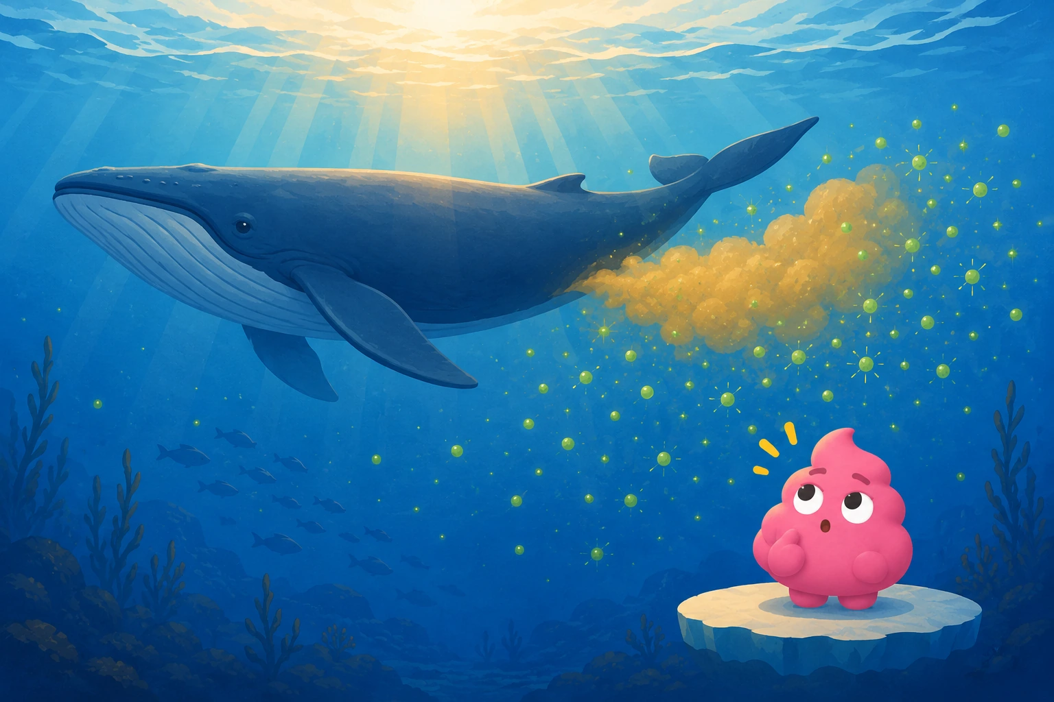 A large whale swimming near the ocean surface with golden sun rays from above and tiny phytoplankton dots around a soft nutrient cloud, with unchikun looking up from below in awe