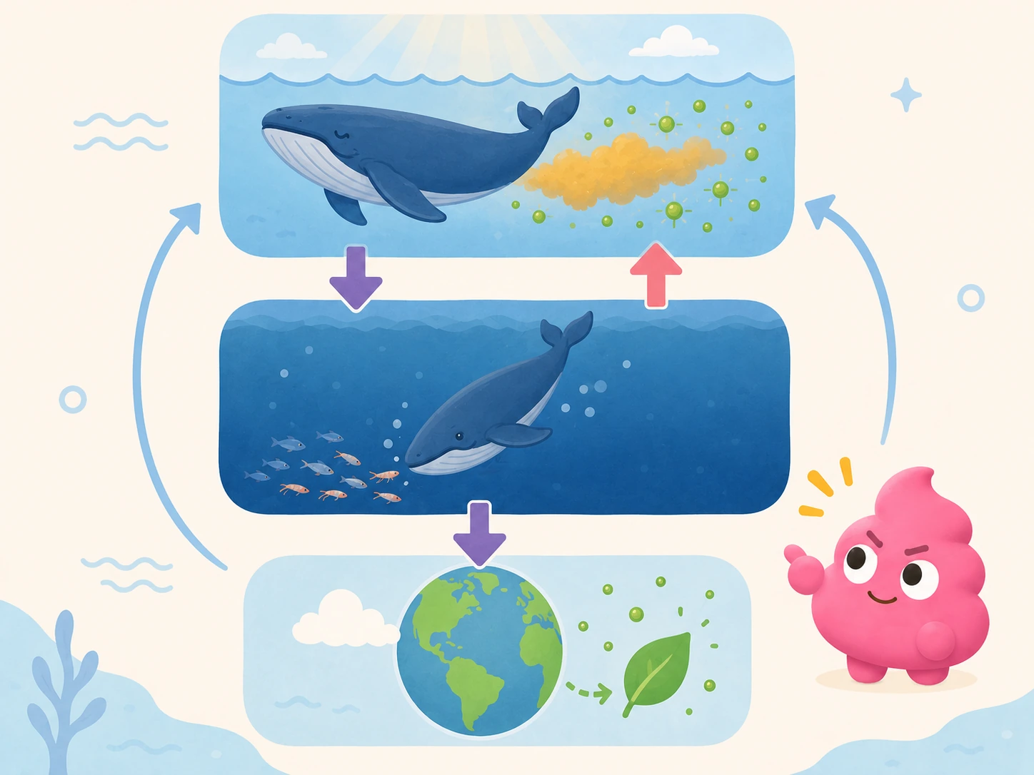 A friendly 3-stage diagram of the Whale Pump cycle — whale at the surface, deep-dive feeding, Earth and CO2 — with unchikun pointing at the chart