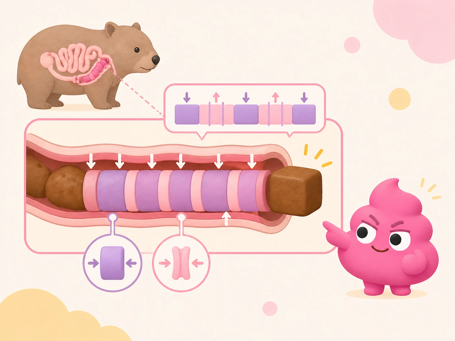 A friendly cross-section of a wombat's intestine showing alternating stiff and elastic muscle bands across the last meter of colon, with a small brown cube emerging from the right end