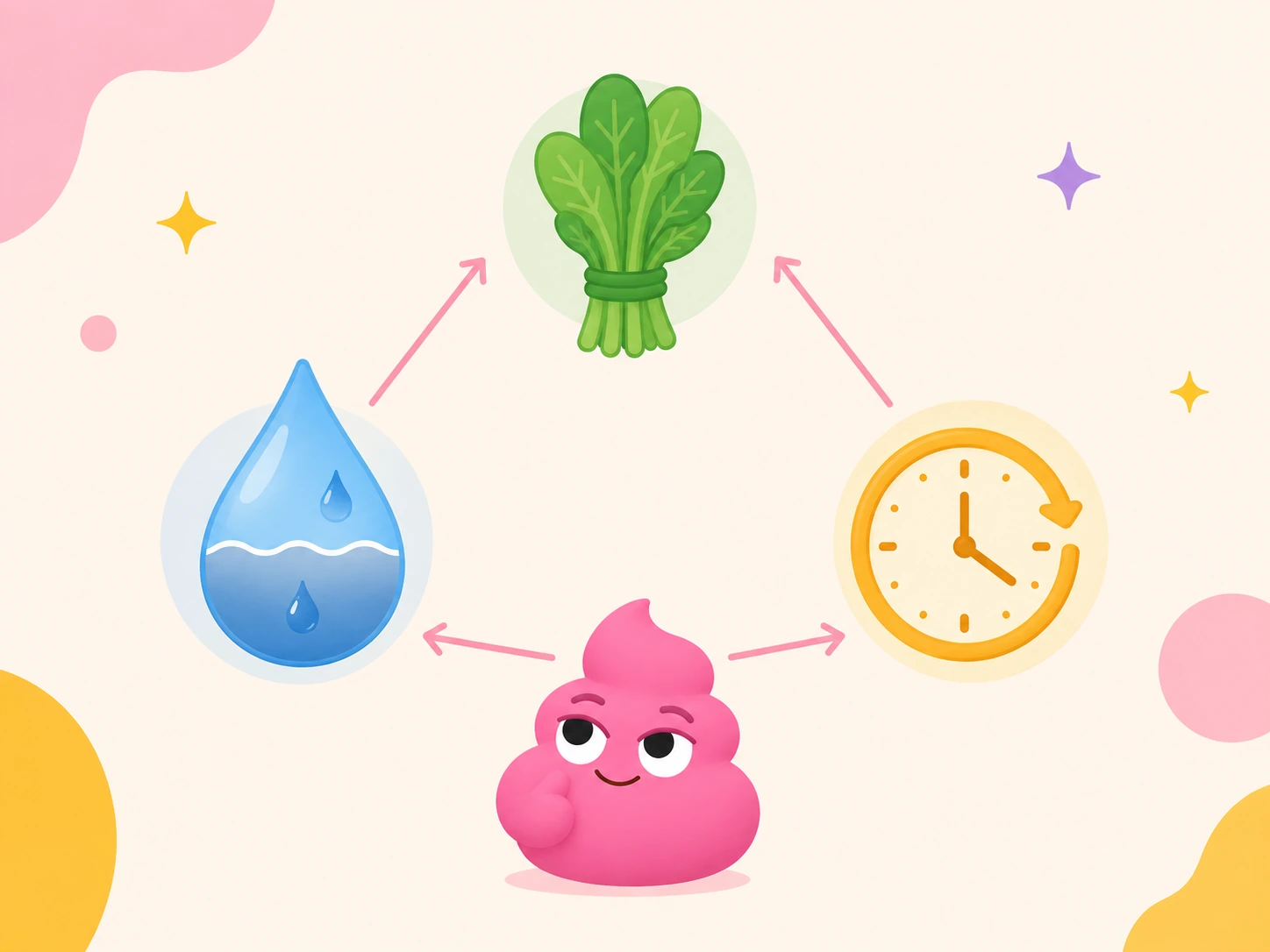 うんちの形を決める3要素を三角形で示した図解。水分量・食物繊維・通過時間の3つのアイコンが矢印で結ばれ、中央でバランスを観察するうんちくん