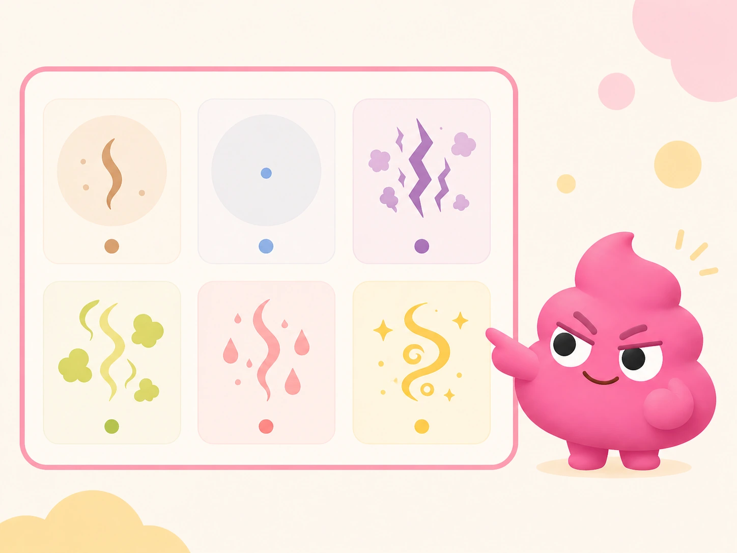 A friendly chart of six smell patterns shown as scent-wave icons in a 2 by 3 grid: natural mild, almost odorless, strongly putrid, sulfur, sour, and unusually sweet — for daily observation reference